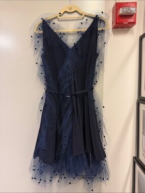 Alexis Mabille Navy V-Neck Midi Dress with Tulle Overlay